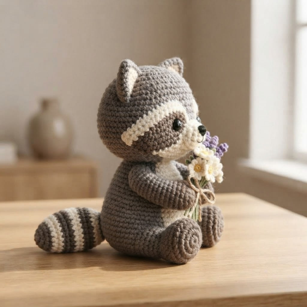 Handmade Crochet Raccoon Stuffed Animal – Sitting Floral Raccoon Plush Desk Decor