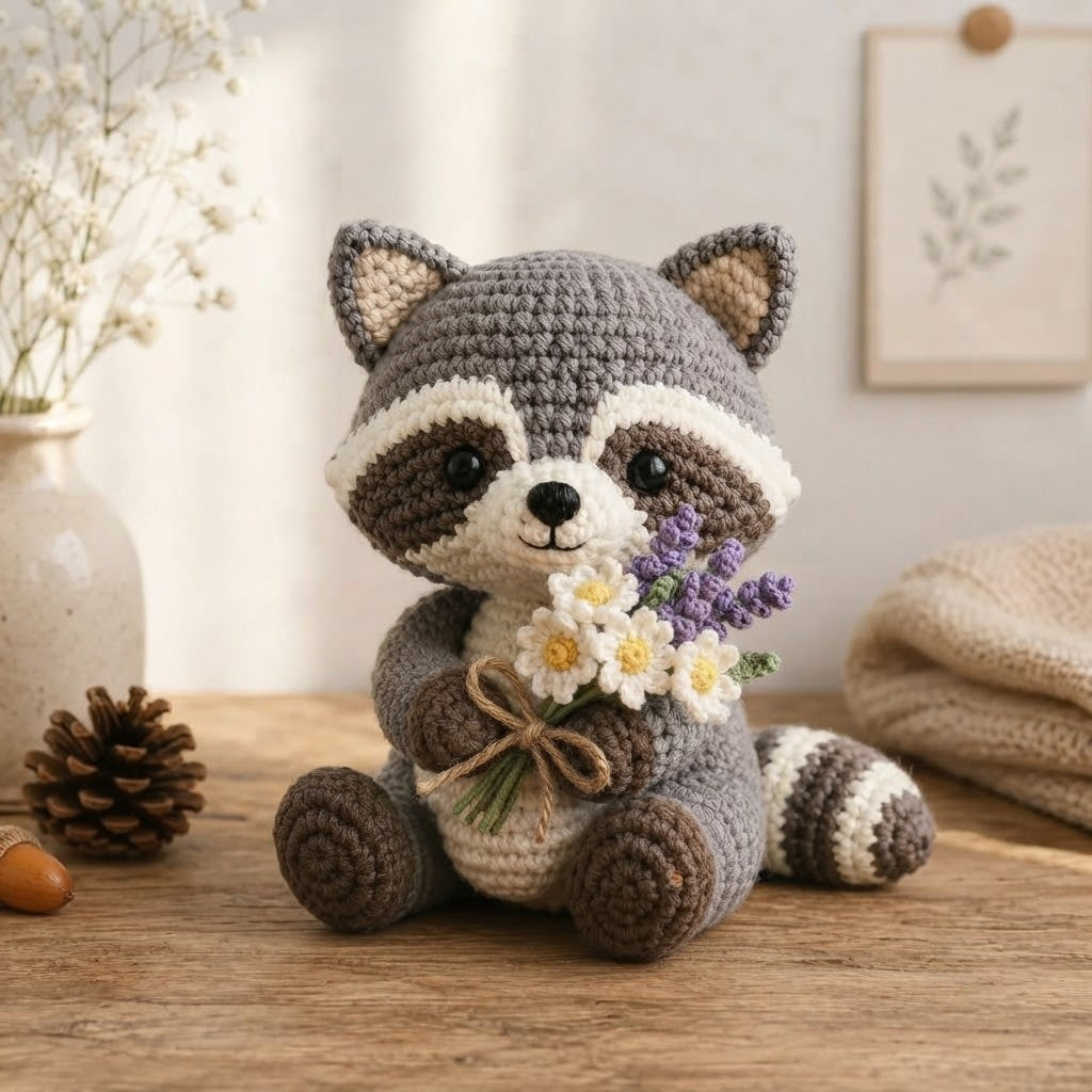 Handmade Crochet Raccoon Stuffed Animal – Sitting Floral Raccoon Plush Desk Decor