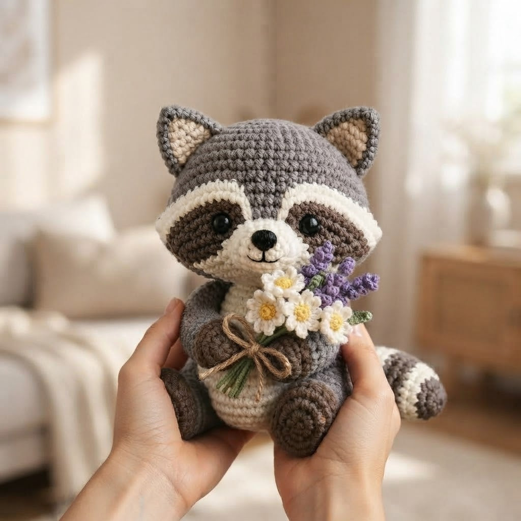 Handmade Crochet Raccoon Stuffed Animal – Sitting Floral Raccoon Plush Desk Decor