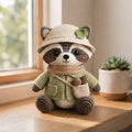 Handmade Crochet Adventurer Raccoon Stuffed Animal – Sitting Plush Toy with Jacket & Hat