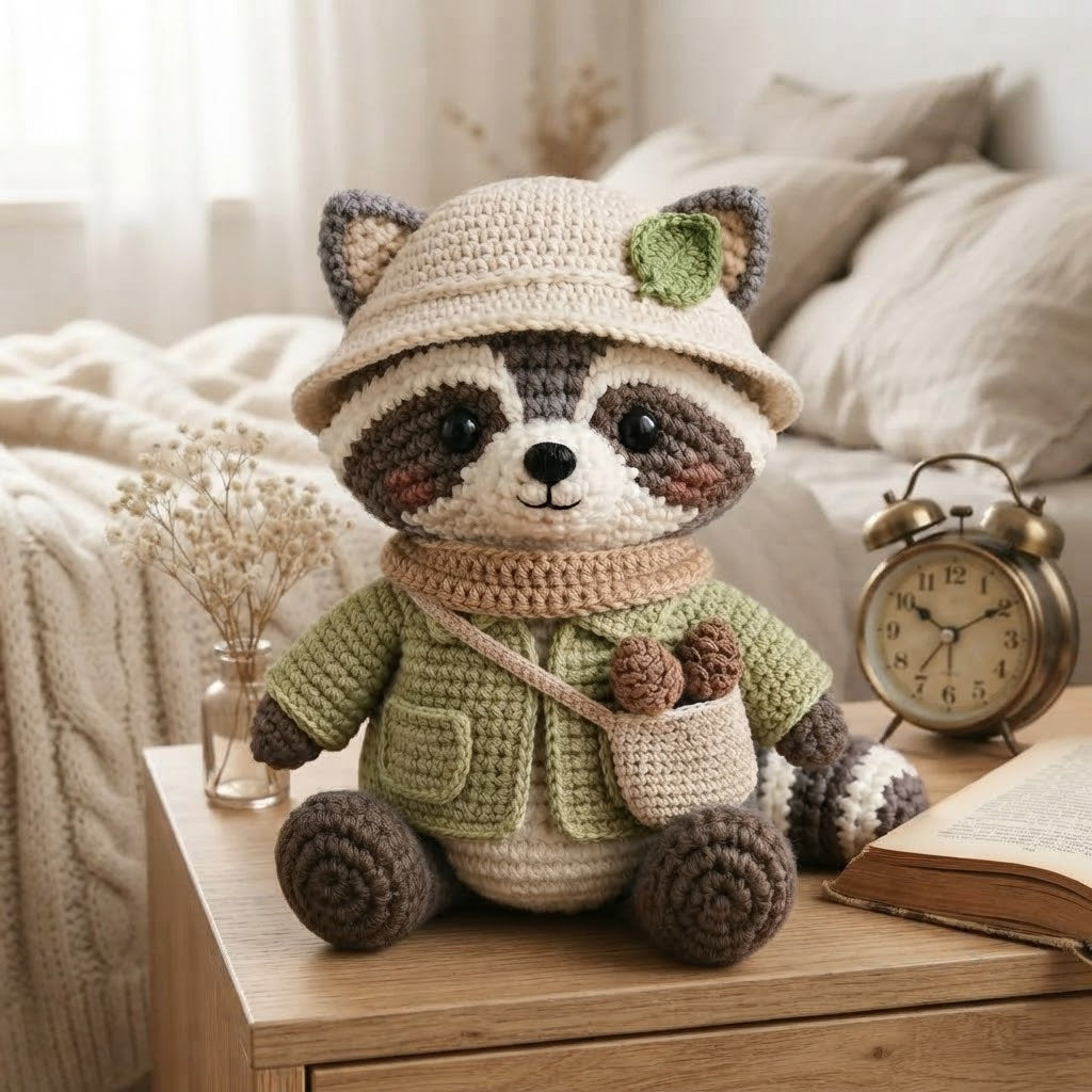 Handmade Crochet Adventurer Raccoon Stuffed Animal – Sitting Plush Toy with Jacket & Hat