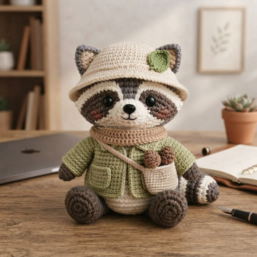 Handmade Crochet Adventurer Raccoon Stuffed Animal – Sitting Plush Toy with Jacket & Hat