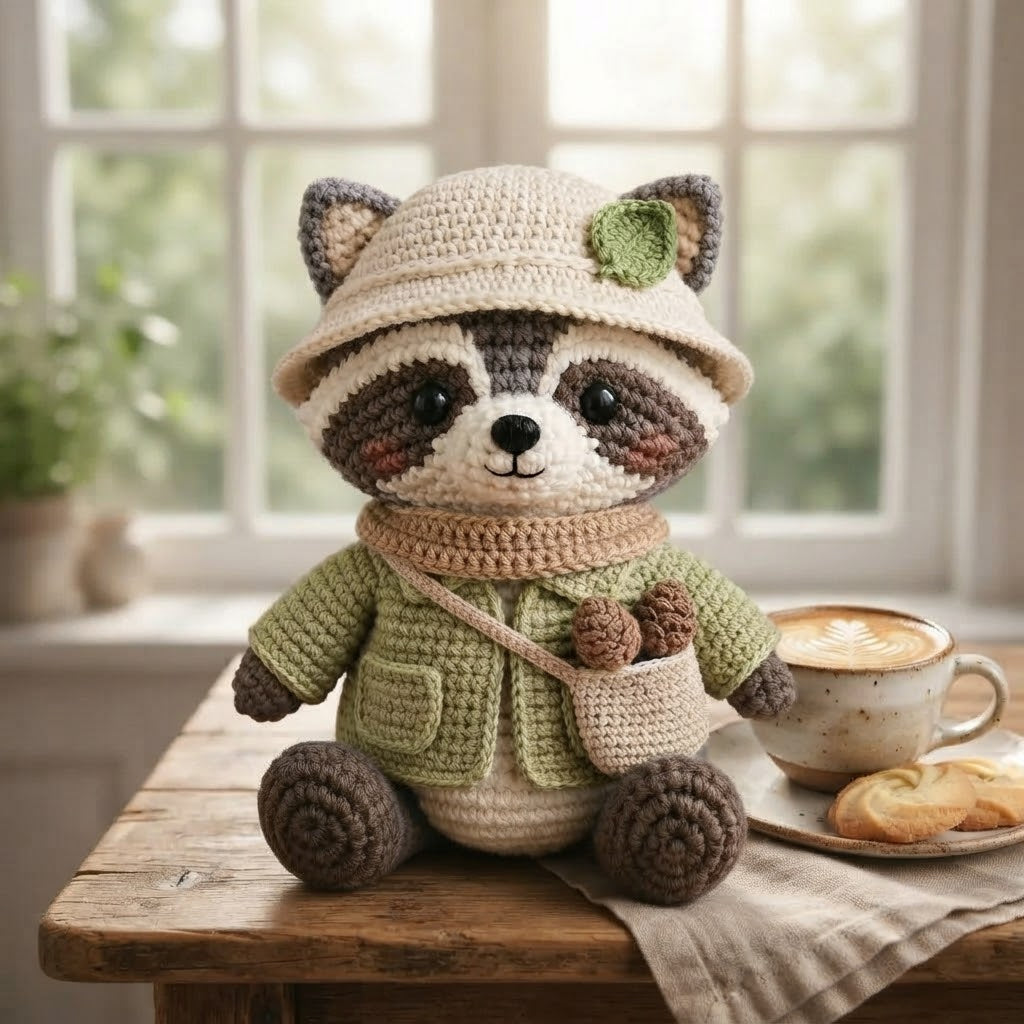 Handmade Crochet Adventurer Raccoon Stuffed Animal – Sitting Plush Toy with Jacket & Hat