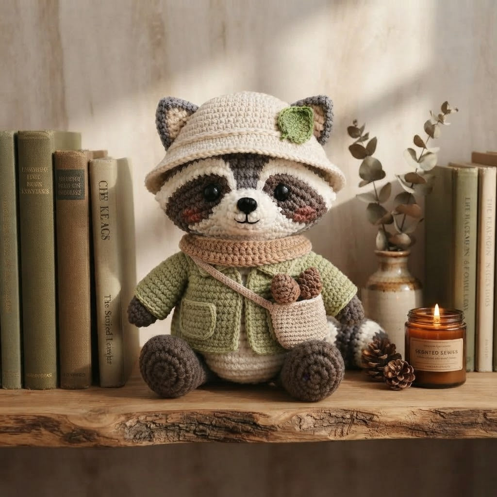 Handmade Crochet Adventurer Raccoon Stuffed Animal – Sitting Plush Toy with Jacket & Hat