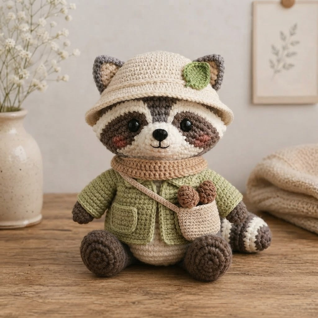 Handmade Crochet Adventurer Raccoon Stuffed Animal – Sitting Plush Toy with Jacket & Hat