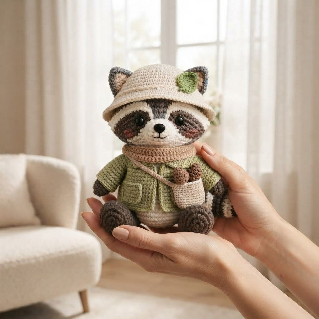 Handmade Crochet Adventurer Raccoon Stuffed Animal – Sitting Plush Toy with Jacket & Hat