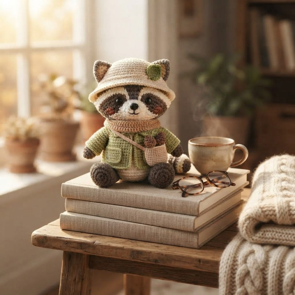 Handmade Crochet Adventurer Raccoon Stuffed Animal – Sitting Plush Toy with Jacket & Hat
