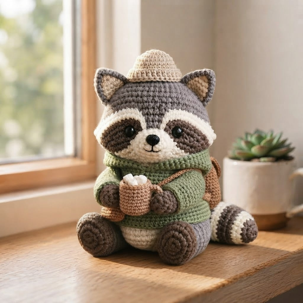 Handmade Crochet Cozy Raccoon Stuffed Animal – Sitting Winter Raccoon Plush Decor