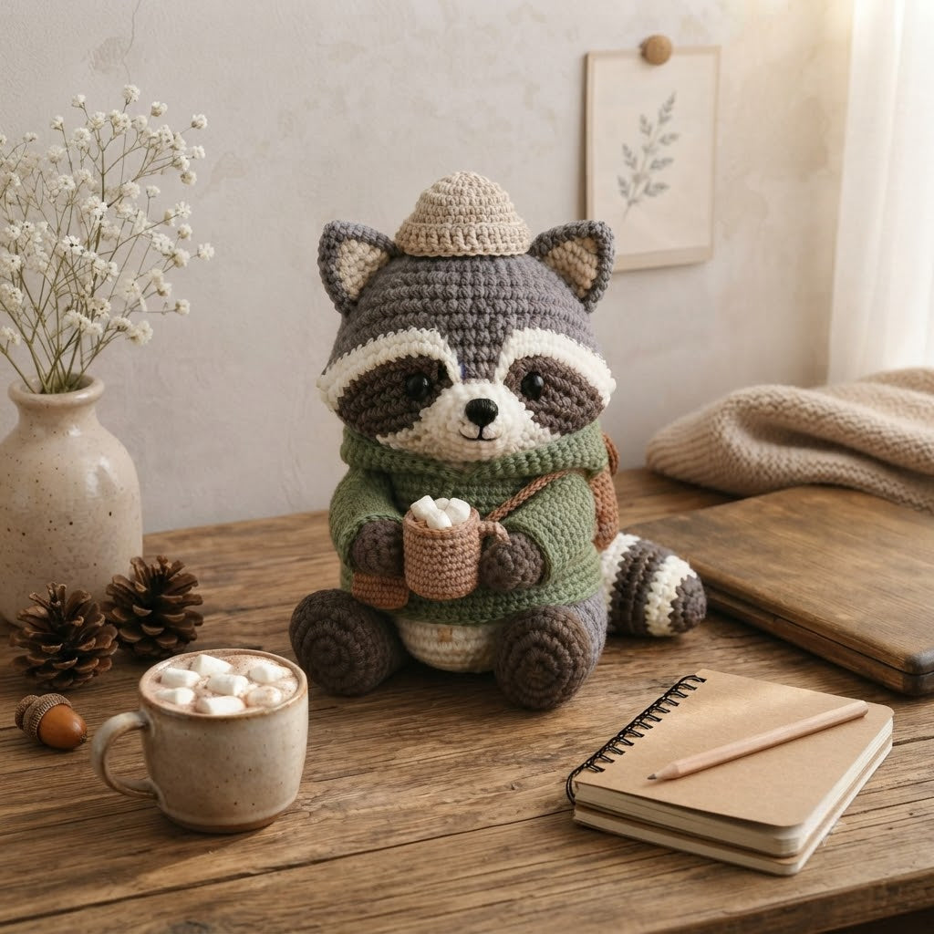 Handmade Crochet Cozy Raccoon Stuffed Animal – Sitting Winter Raccoon Plush Decor