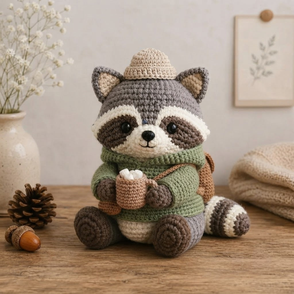 Handmade Crochet Cozy Raccoon Stuffed Animal – Sitting Winter Raccoon Plush Decor