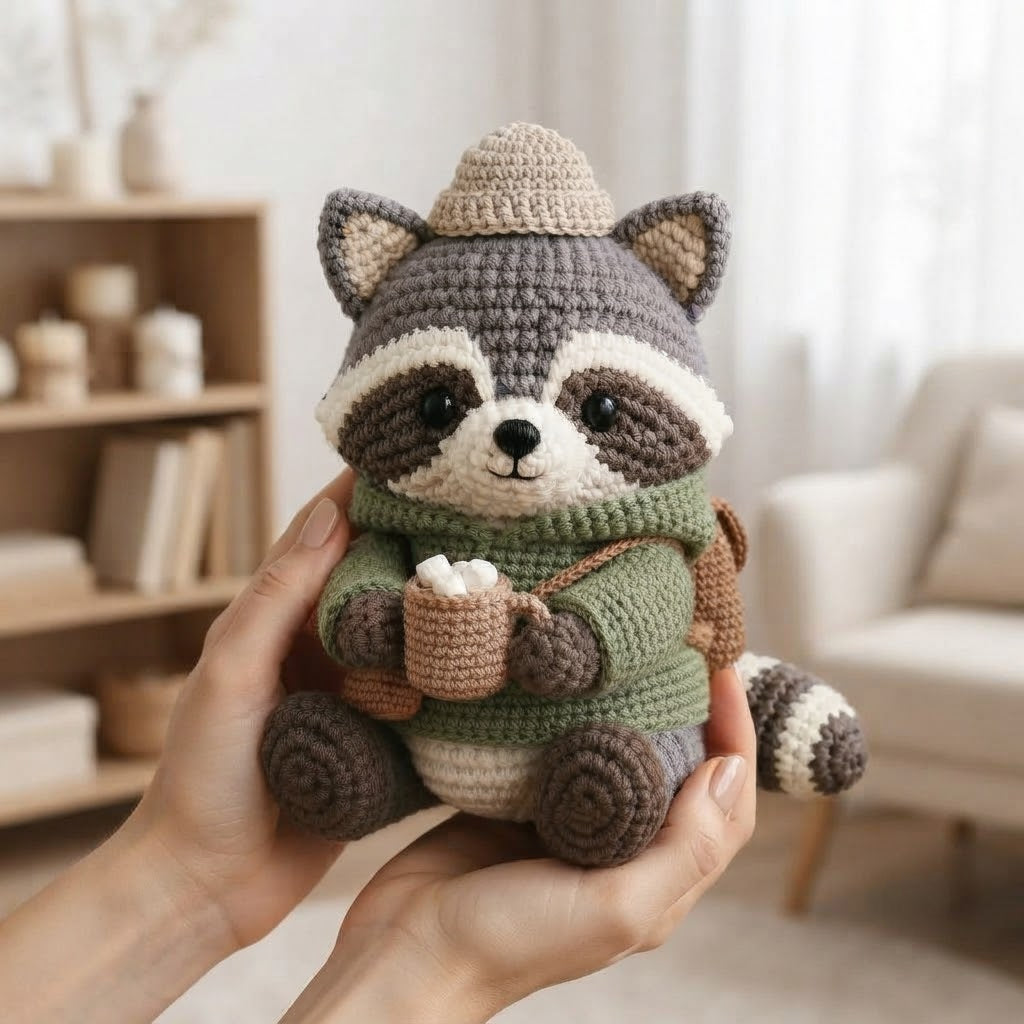 Handmade Crochet Cozy Raccoon Stuffed Animal – Sitting Winter Raccoon Plush Decor