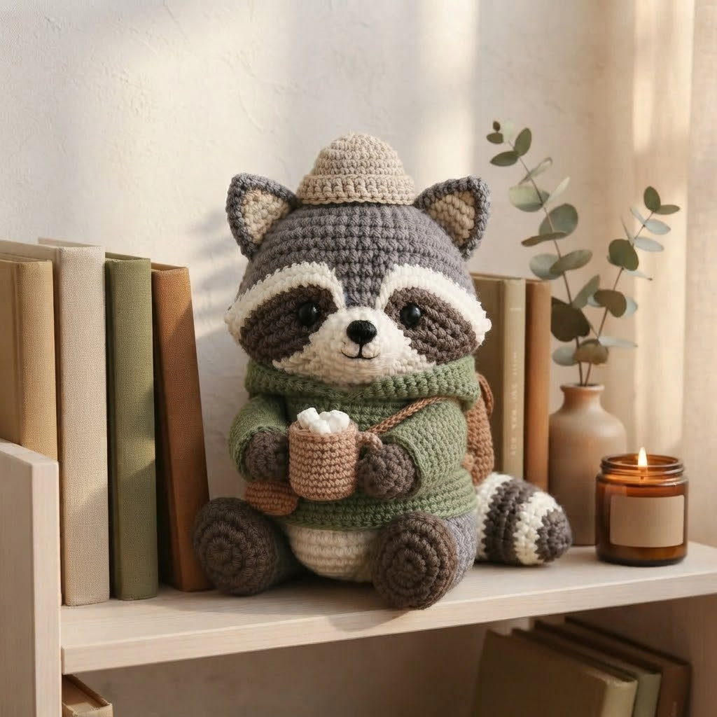 Handmade Crochet Cozy Raccoon Stuffed Animal – Sitting Winter Raccoon Plush Decor