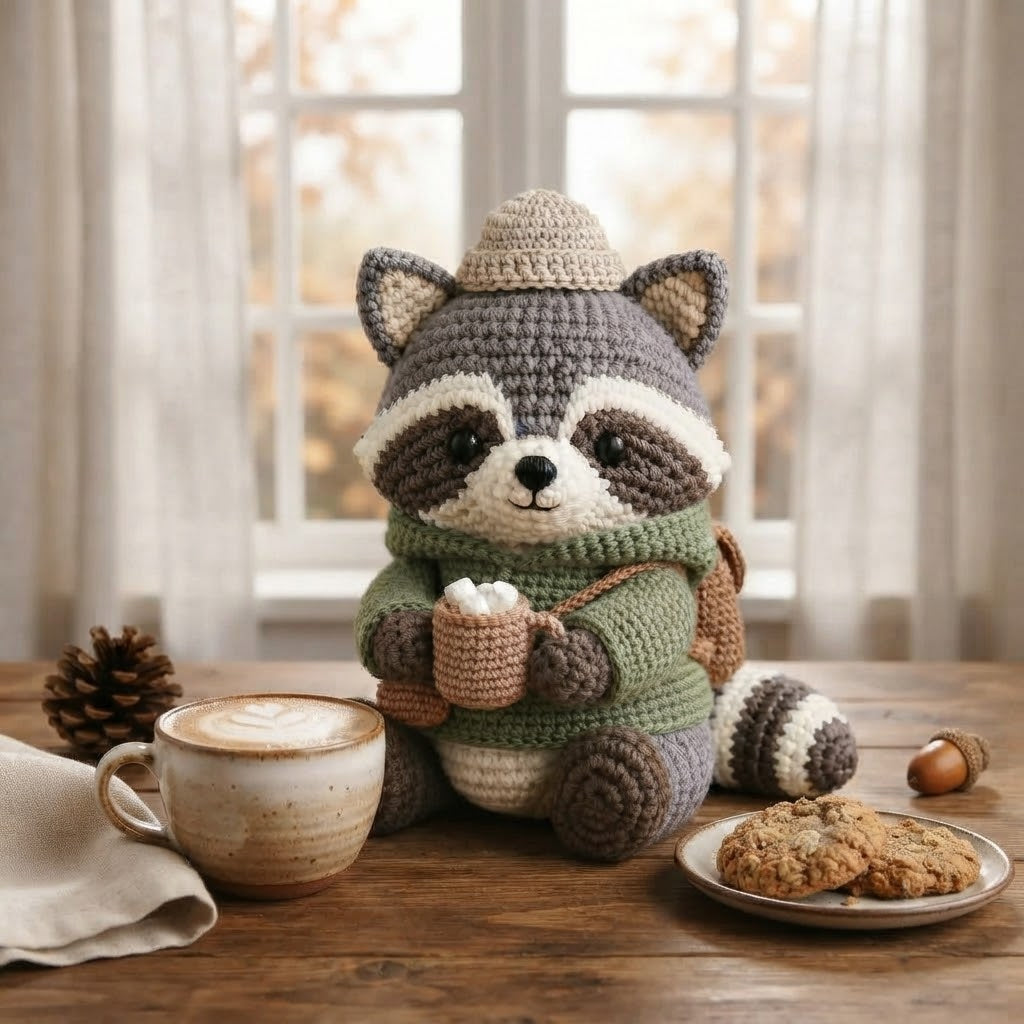 Handmade Crochet Cozy Raccoon Stuffed Animal – Sitting Winter Raccoon Plush Decor