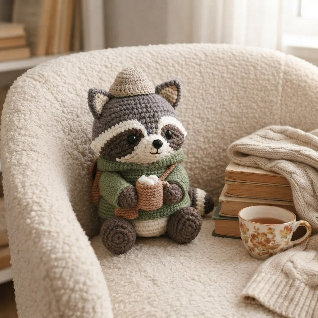 Handmade Crochet Cozy Raccoon Stuffed Animal – Sitting Winter Raccoon Plush Decor