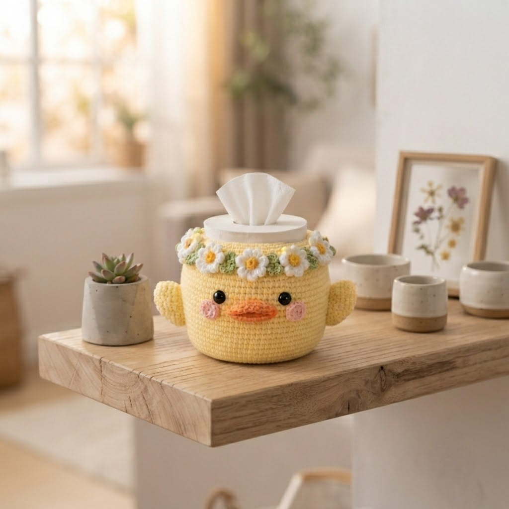 Handmade Crochet Yellow Duck Tissue Box Cover with Daisy Crown