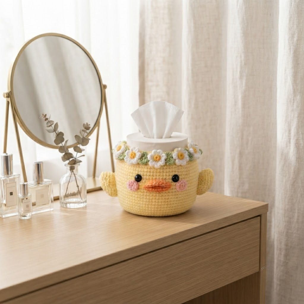 Handmade Crochet Yellow Duck Tissue Box Cover with Daisy Crown