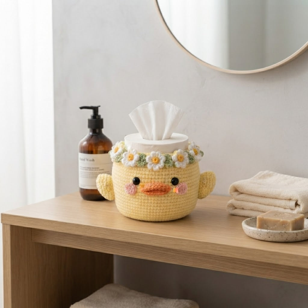 Handmade Crochet Yellow Duck Tissue Box Cover with Daisy Crown