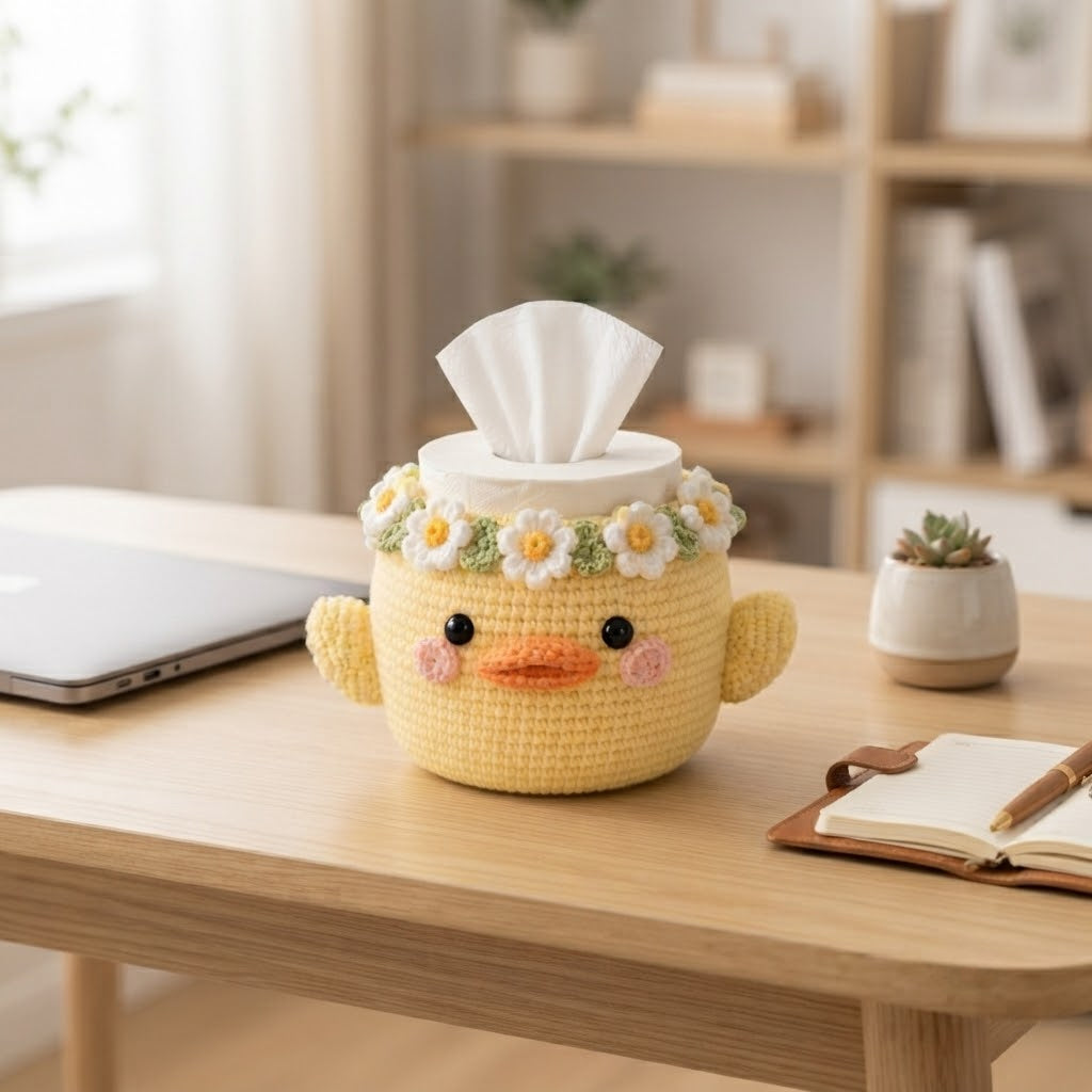 Handmade Crochet Yellow Duck Tissue Box Cover with Daisy Crown