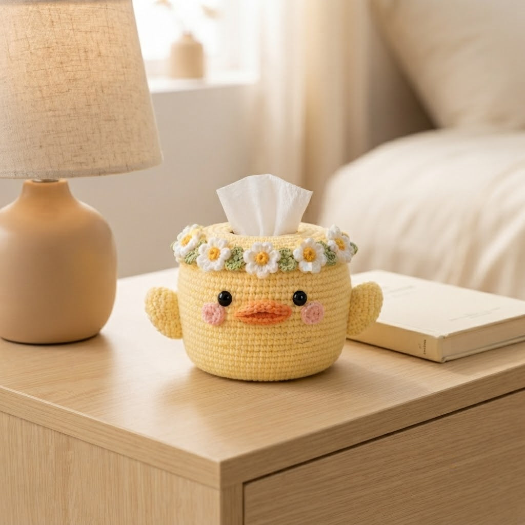 Handmade Crochet Yellow Duck Tissue Box Cover with Daisy Crown