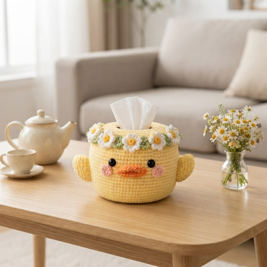 Handmade Crochet Yellow Duck Tissue Box Cover with Daisy Crown