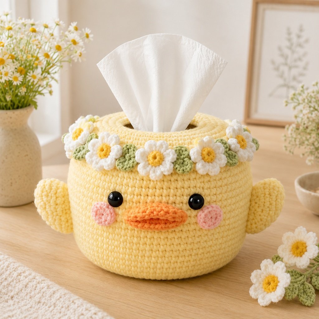 Handmade Crochet Yellow Duck Tissue Box Cover with Daisy Crown