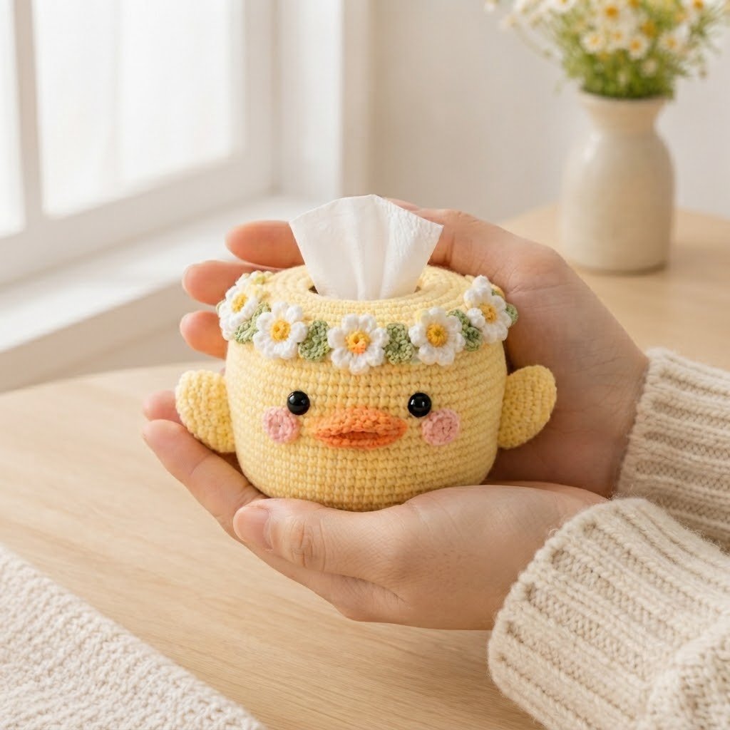 Handmade Crochet Yellow Duck Tissue Box Cover with Daisy Crown