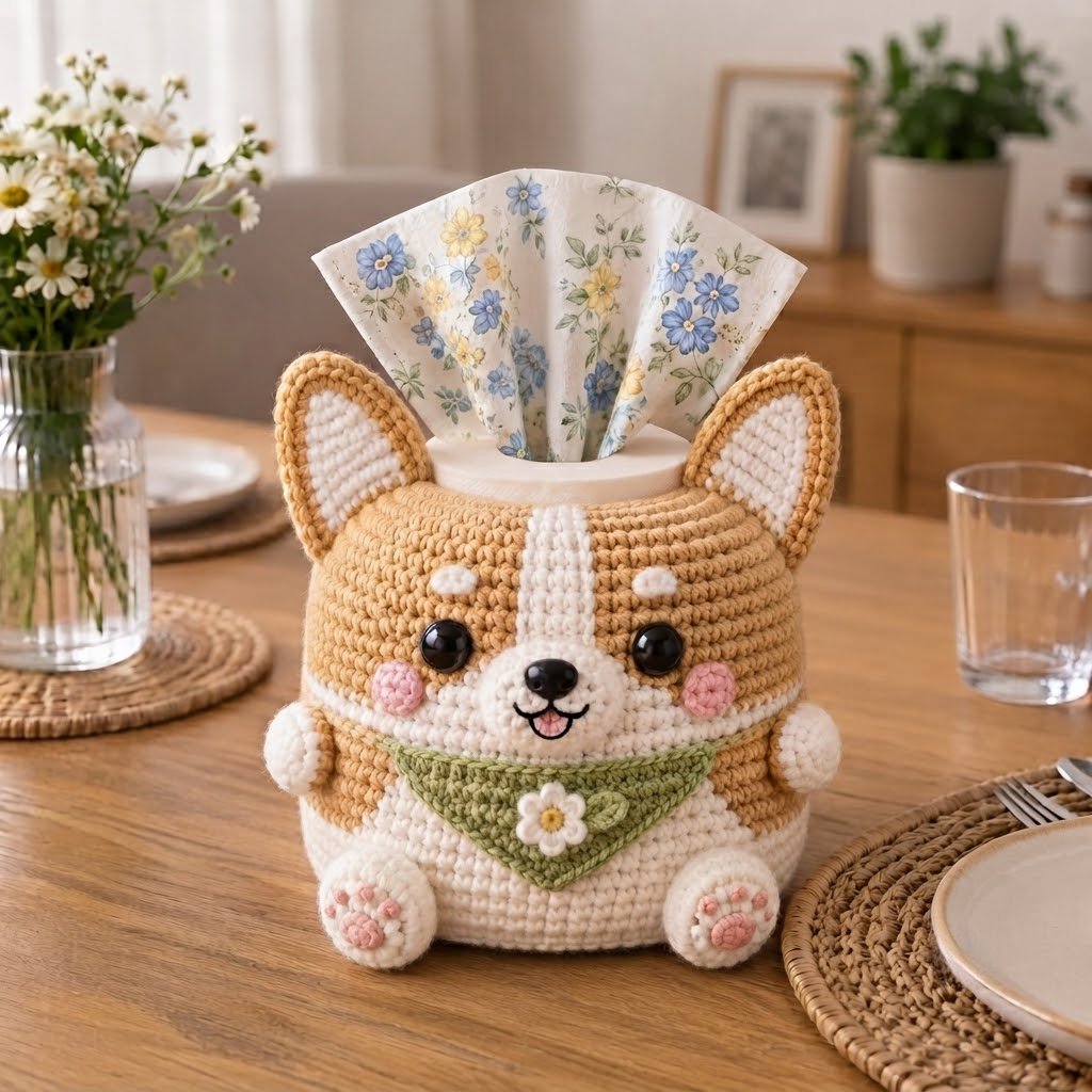 Handmade Crochet Corgi Dog Tissue Box Cover with Bandana