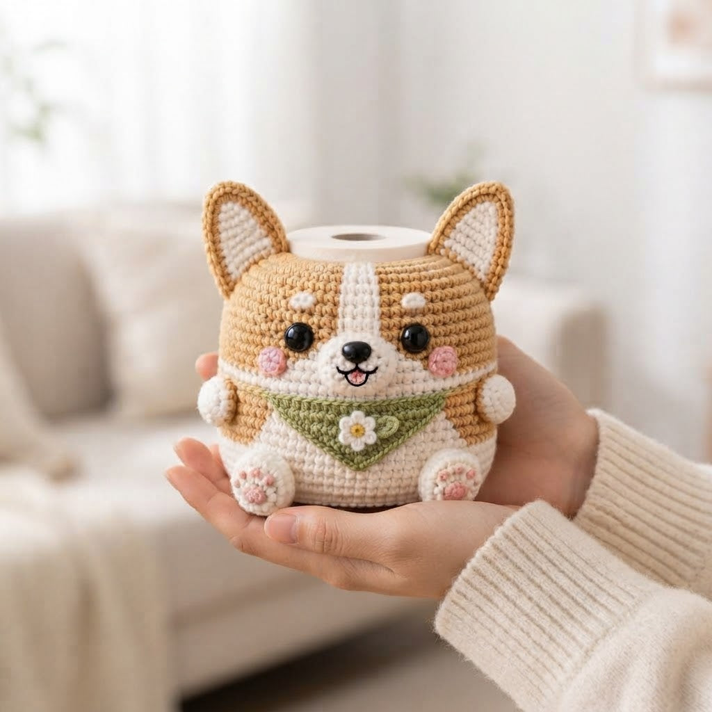 Handmade Crochet Corgi Dog Tissue Box Cover with Bandana