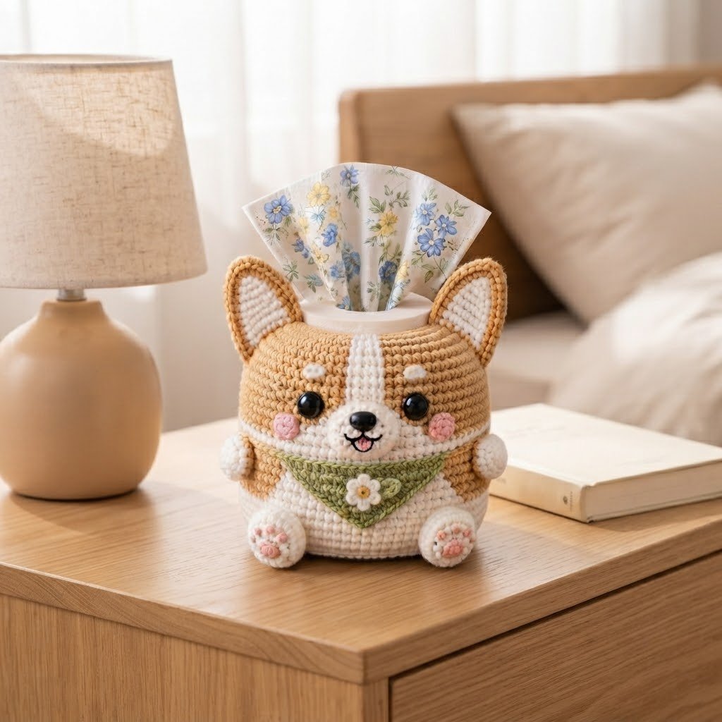 Handmade Crochet Corgi Dog Tissue Box Cover with Bandana