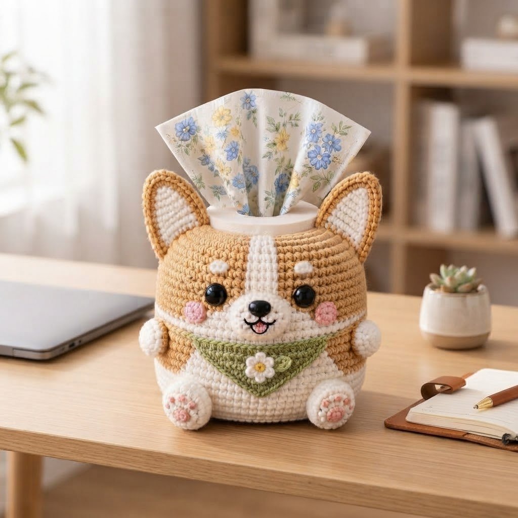 Handmade Crochet Corgi Dog Tissue Box Cover with Bandana