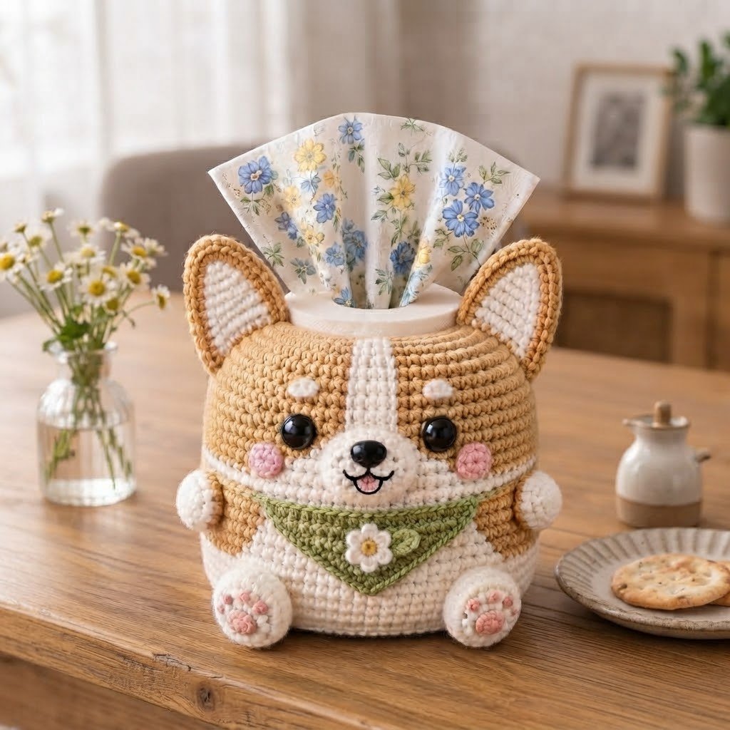 Handmade Crochet Corgi Dog Tissue Box Cover with Bandana