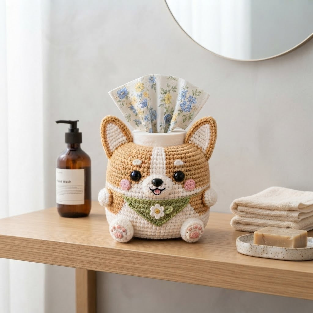 Handmade Crochet Corgi Dog Tissue Box Cover with Bandana