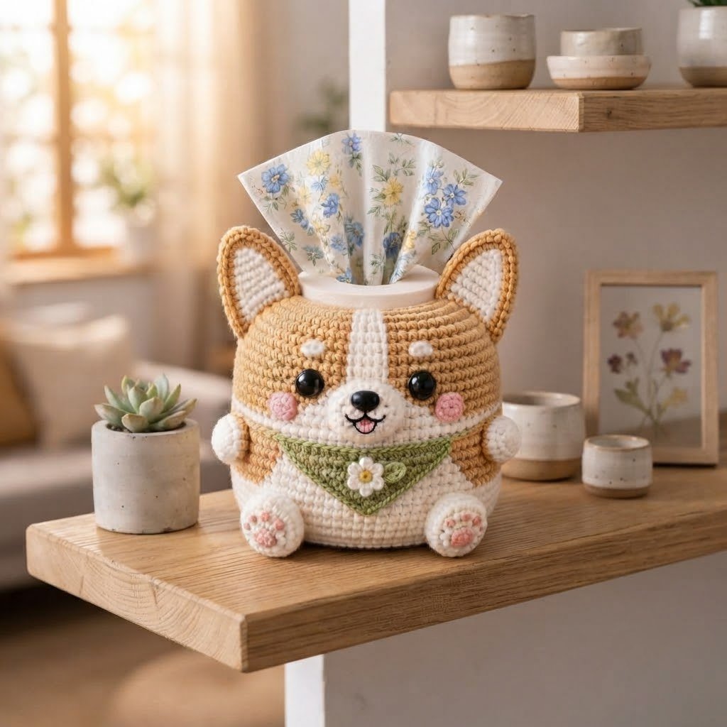 Handmade Crochet Corgi Dog Tissue Box Cover with Bandana