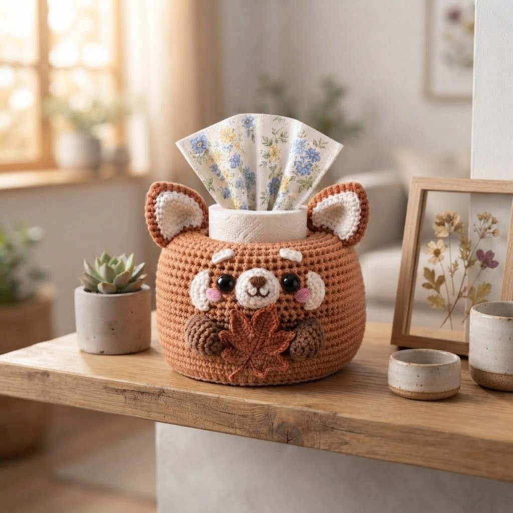 Handmade Crochet Red Panda Tissue Box Cover with Autumn Leaf