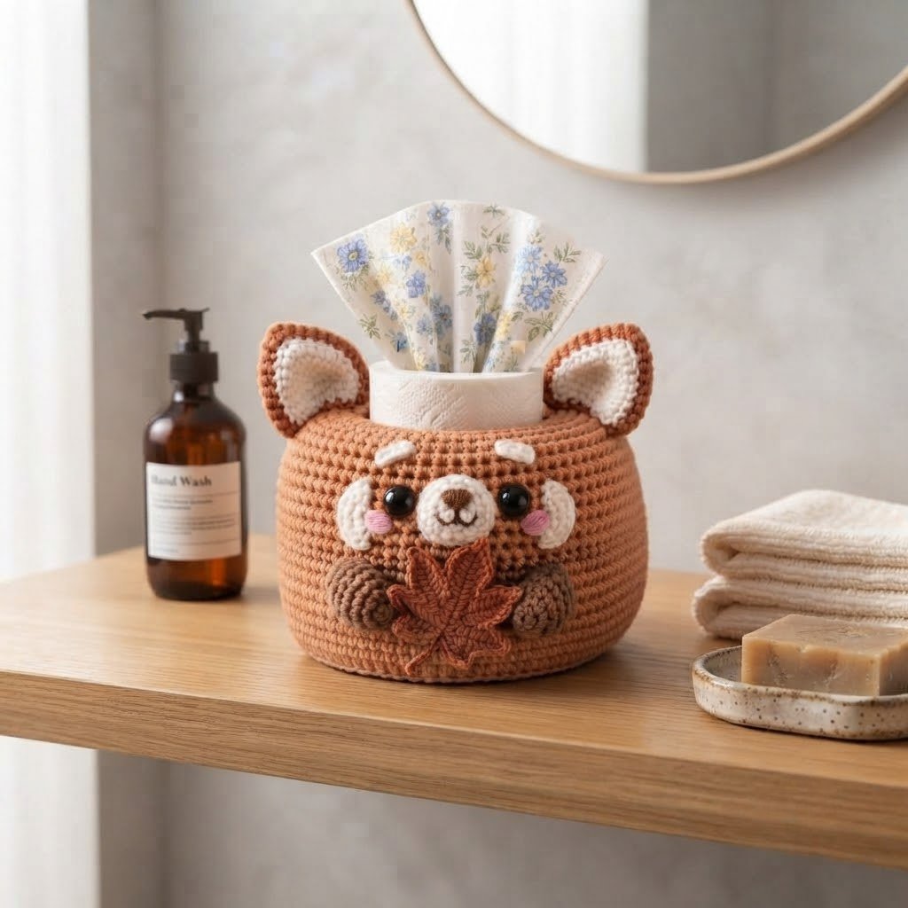 Handmade Crochet Red Panda Tissue Box Cover with Autumn Leaf