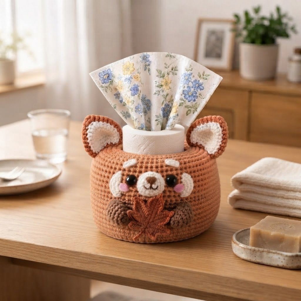 Handmade Crochet Red Panda Tissue Box Cover with Autumn Leaf