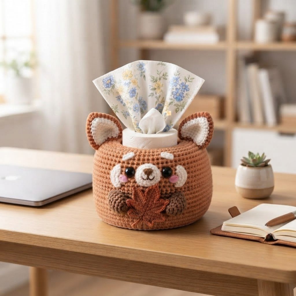 Handmade Crochet Red Panda Tissue Box Cover with Autumn Leaf