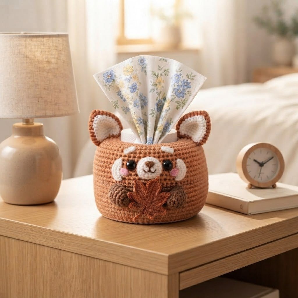 Handmade Crochet Red Panda Tissue Box Cover with Autumn Leaf