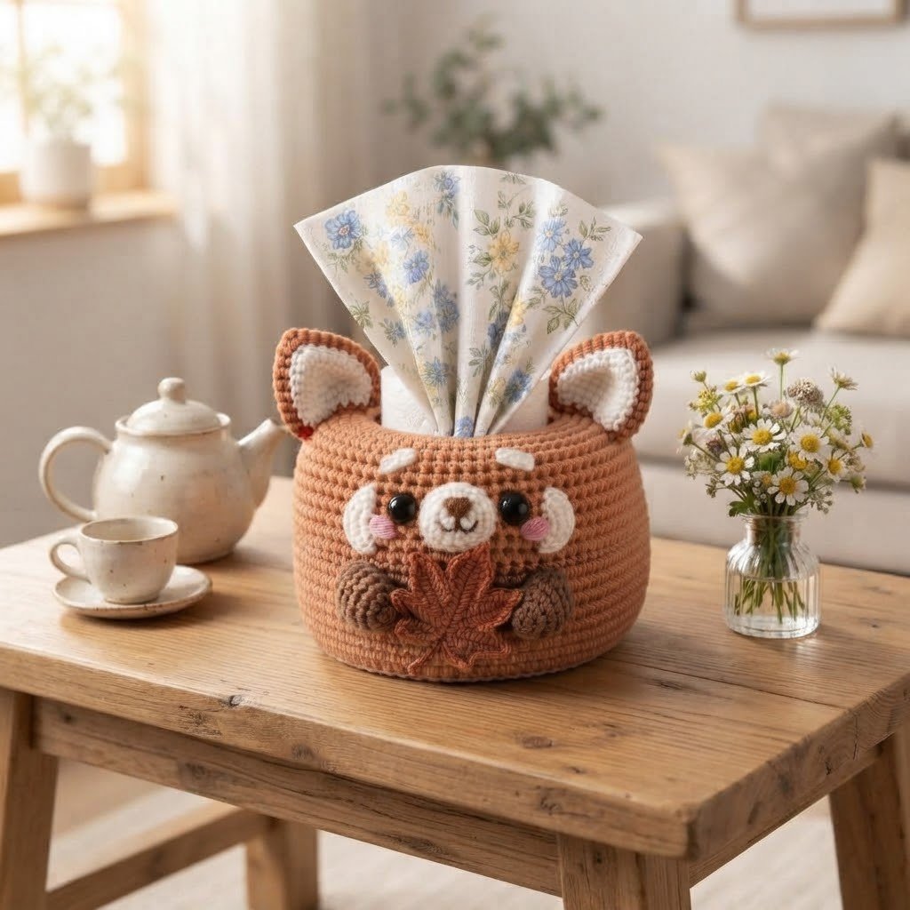 Handmade Crochet Red Panda Tissue Box Cover with Autumn Leaf