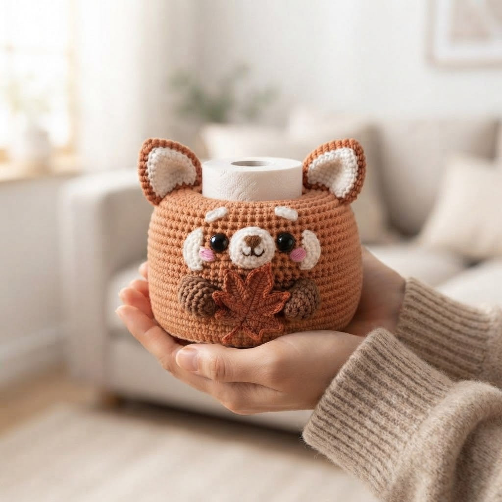 Handmade Crochet Red Panda Tissue Box Cover with Autumn Leaf