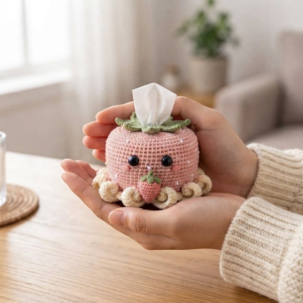 Handmade Crochet Strawberry Octopus Tissue Box Cover