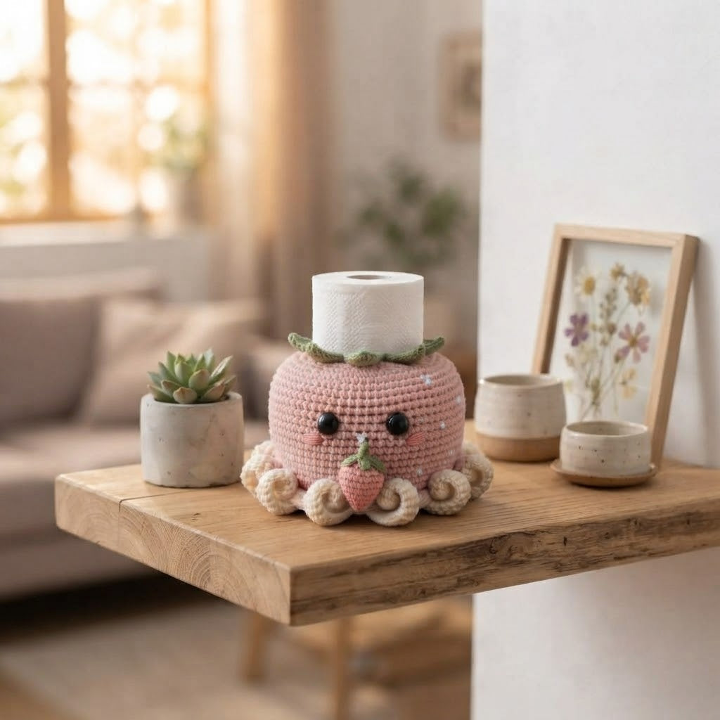 Handmade Crochet Strawberry Octopus Tissue Box Cover