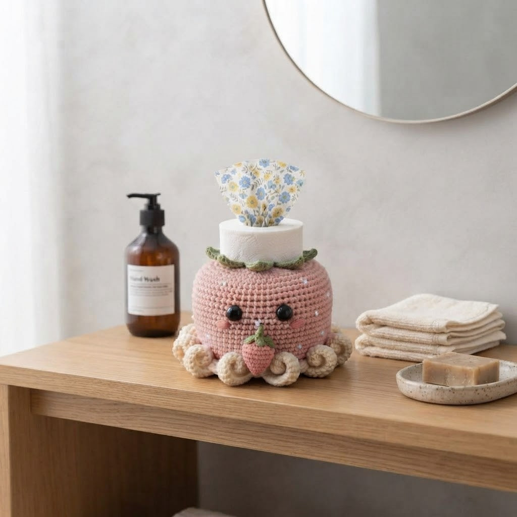 Handmade Crochet Strawberry Octopus Tissue Box Cover