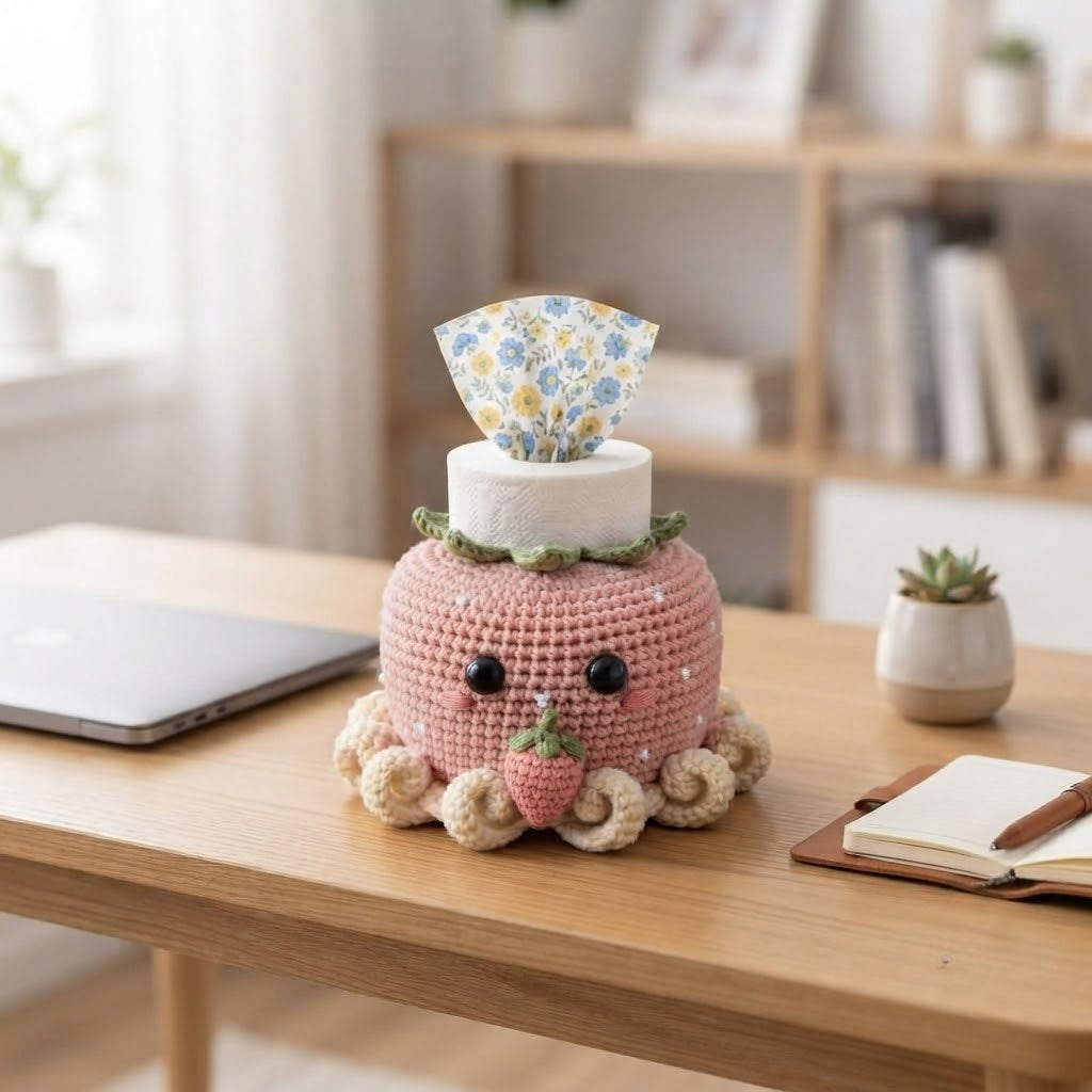 Handmade Crochet Strawberry Octopus Tissue Box Cover