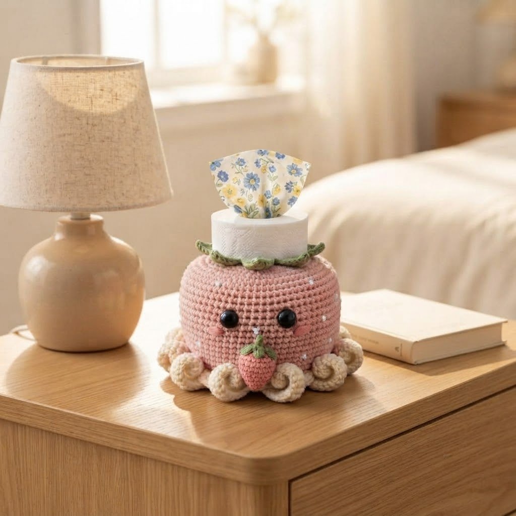 Handmade Crochet Strawberry Octopus Tissue Box Cover