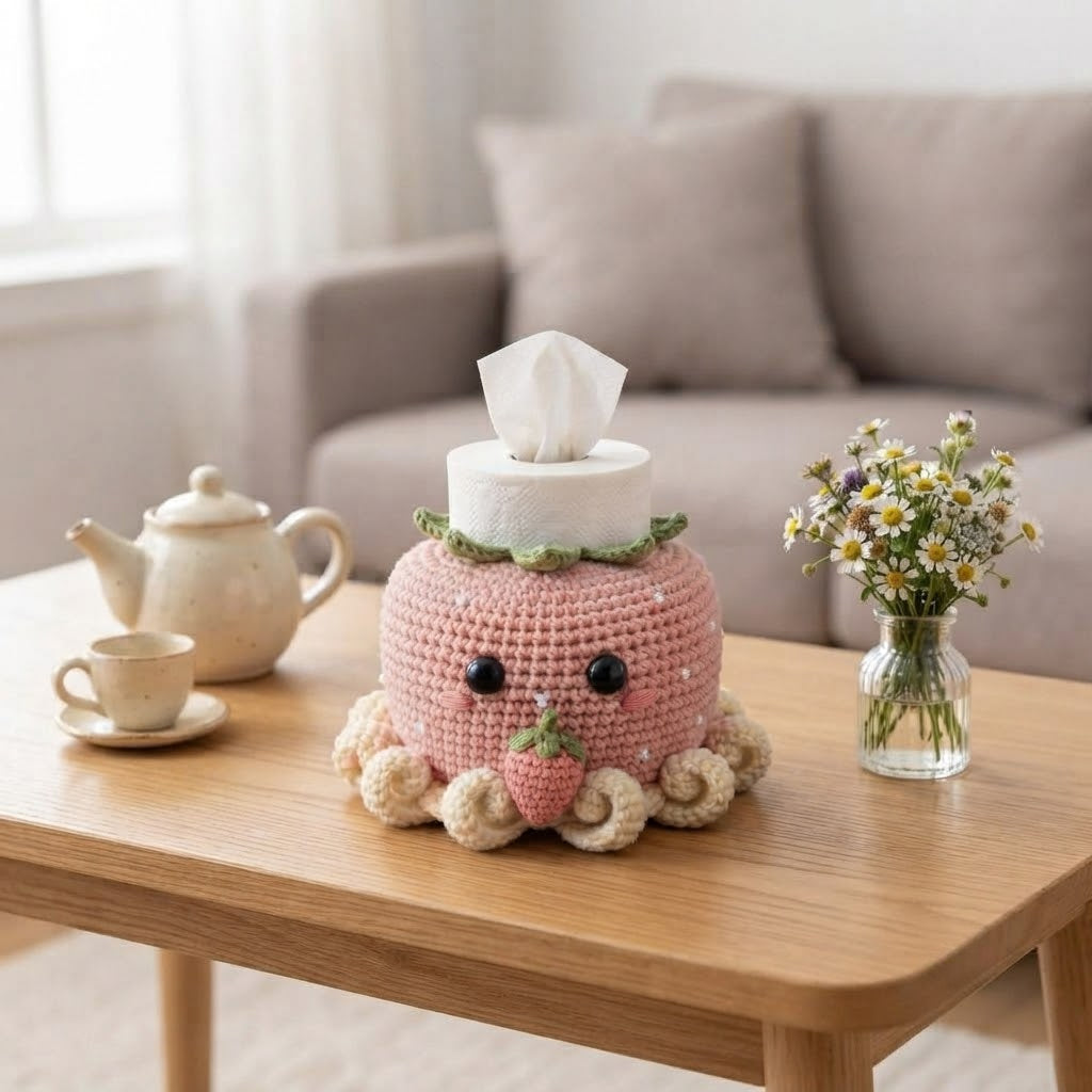 Handmade Crochet Strawberry Octopus Tissue Box Cover