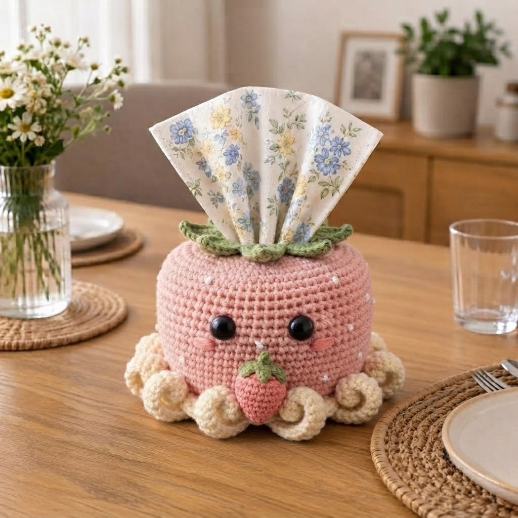 Handmade Crochet Strawberry Octopus Tissue Box Cover