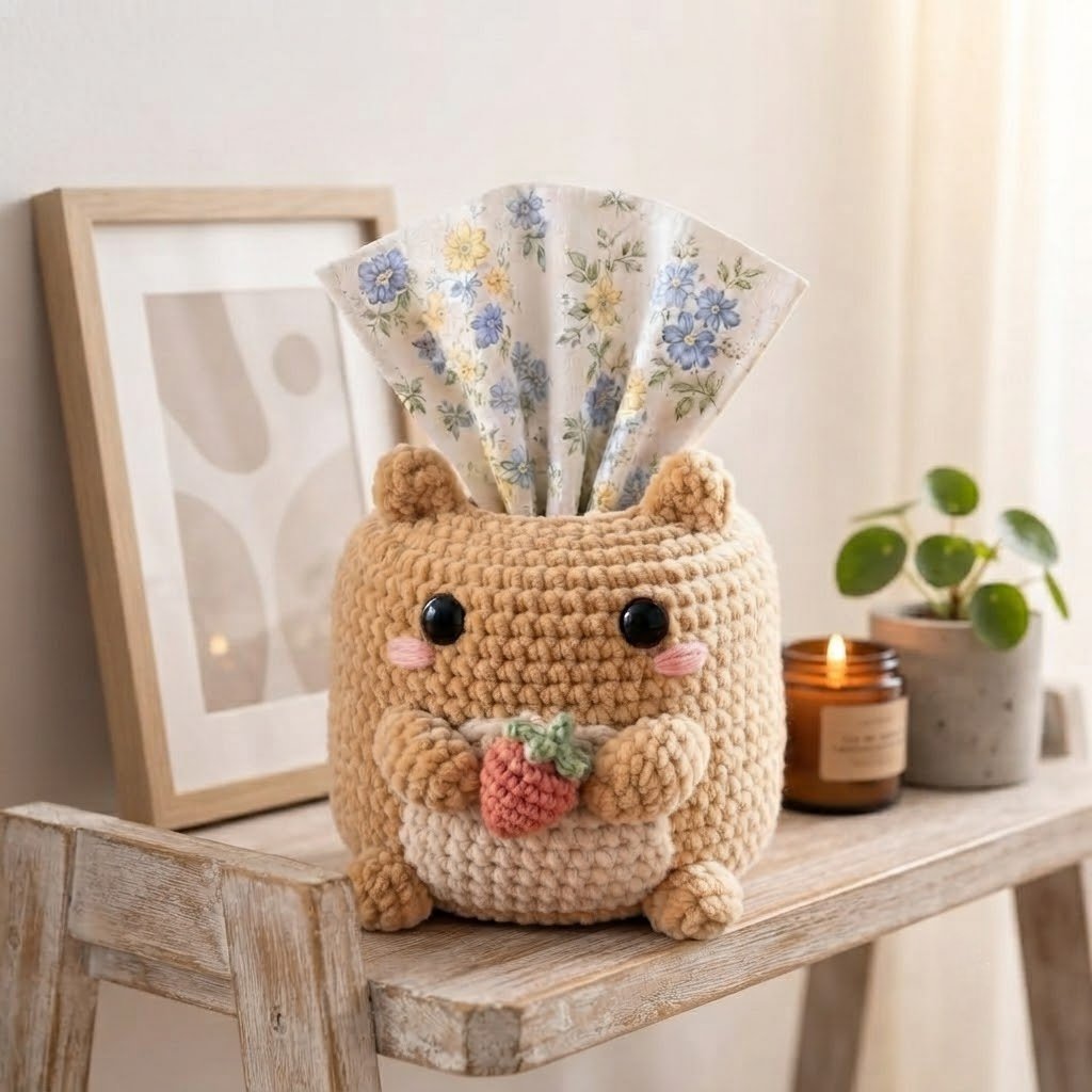 Handmade Crochet Hamster Tissue Box Cover Holding Strawberry