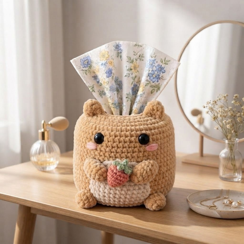 Handmade Crochet Hamster Tissue Box Cover Holding Strawberry