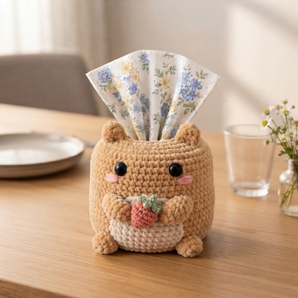 Handmade Crochet Hamster Tissue Box Cover Holding Strawberry